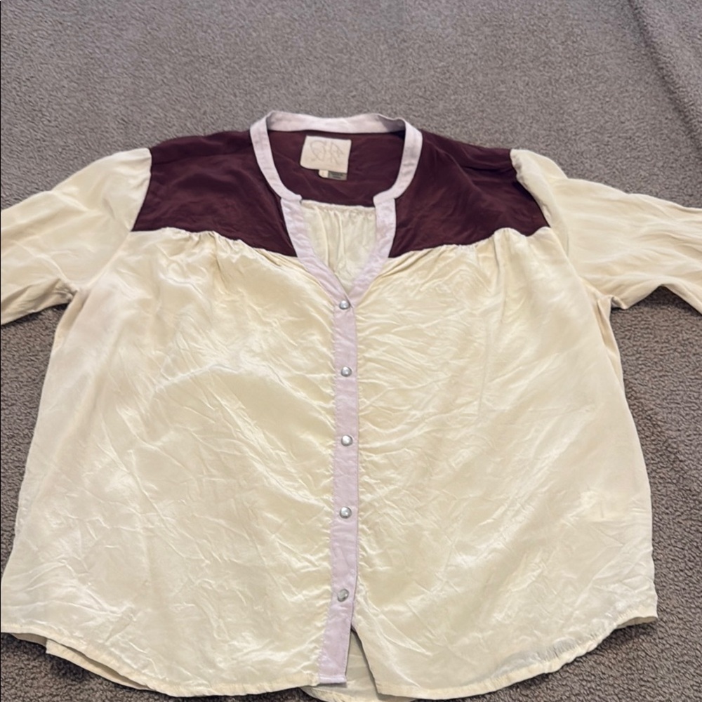 Cream and Burgundy Button-Up Blouse